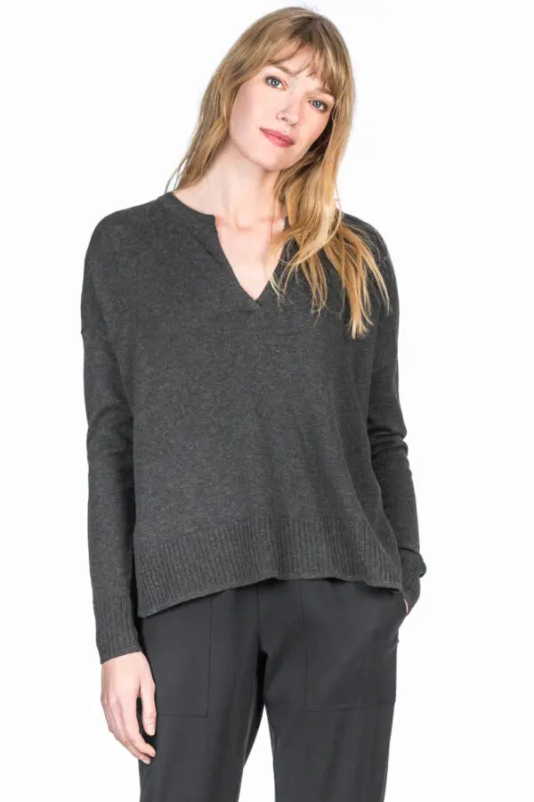Lilla P Dropped Shoulder Split Neck Sweater - Graphite