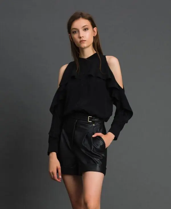 Twinset Crepe de Chine Shirt with Frills - Black