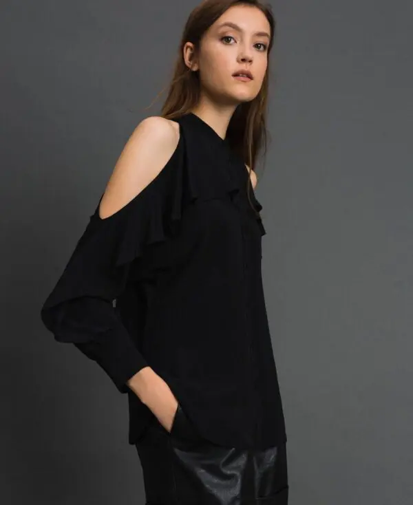 Twinset Crepe de Chine Shirt with Frills - Black - Image 5