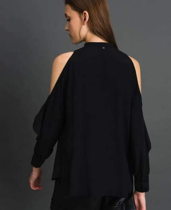 Twinset Crepe de Chine Shirt with Frills - Black - Image 4