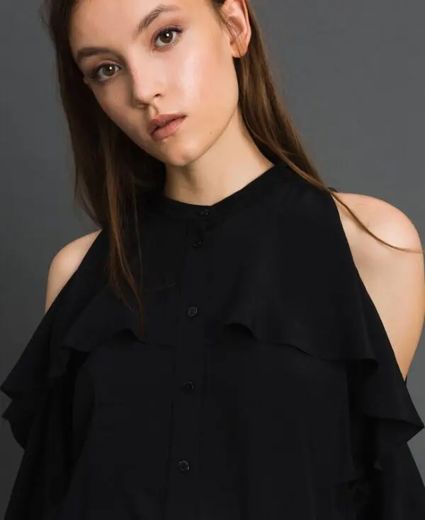 Twinset Crepe de Chine Shirt with Frills - Black - Image 3