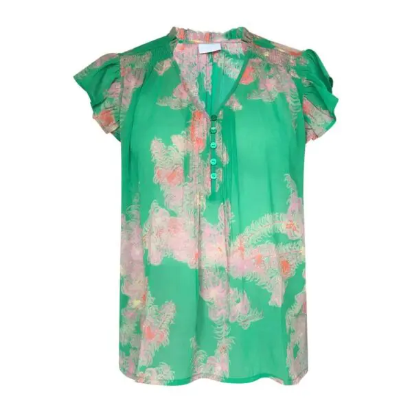 Coster Copenhagen Top with Smock and Frill Detail at Neck - Feather Bloom Green