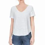 Lilla P Textured Stripe Rolled Sleeve V Neck T Shirt - Fossil