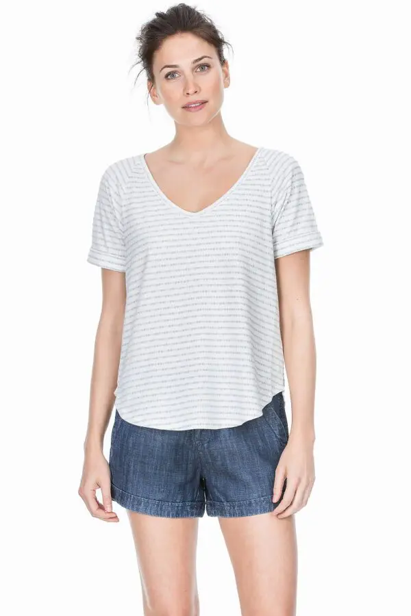 Lilla P Textured Stripe Rolled Sleeve V Neck T Shirt - Fossil