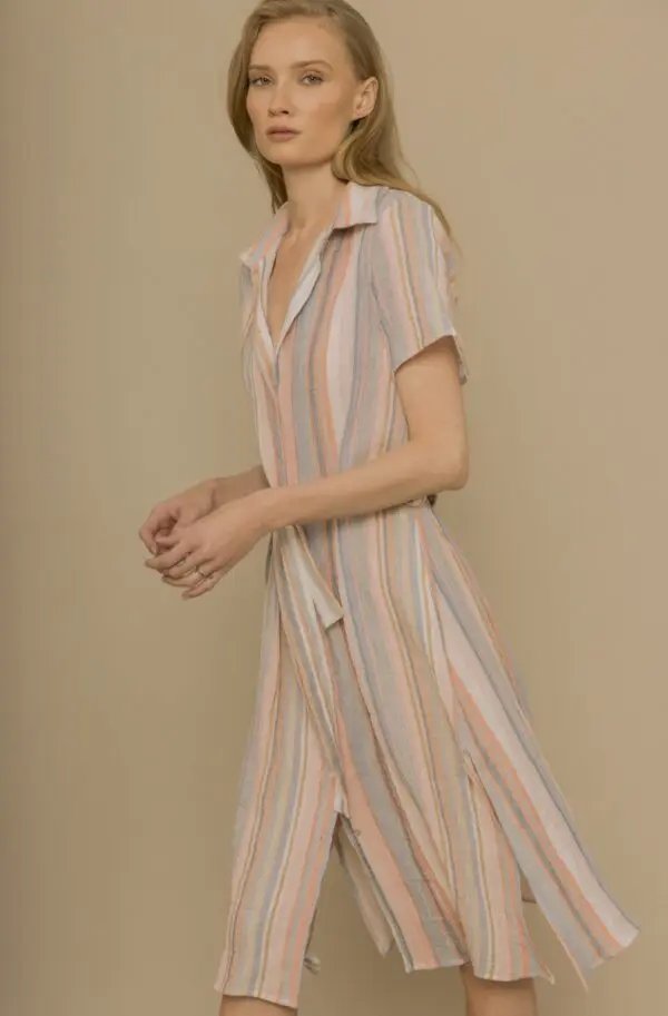 Triana by C Button Front Stripe Cotton Dress - Colour 211 Blue / Coral / Ivory