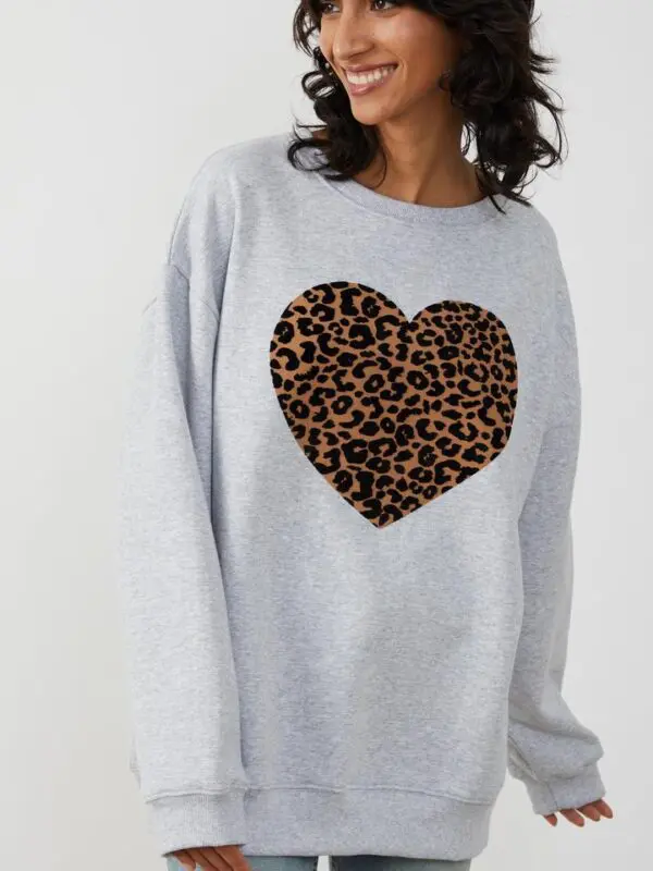 South Parade Alexa Leopard Heart Sweatshirt - Light Heather Grey