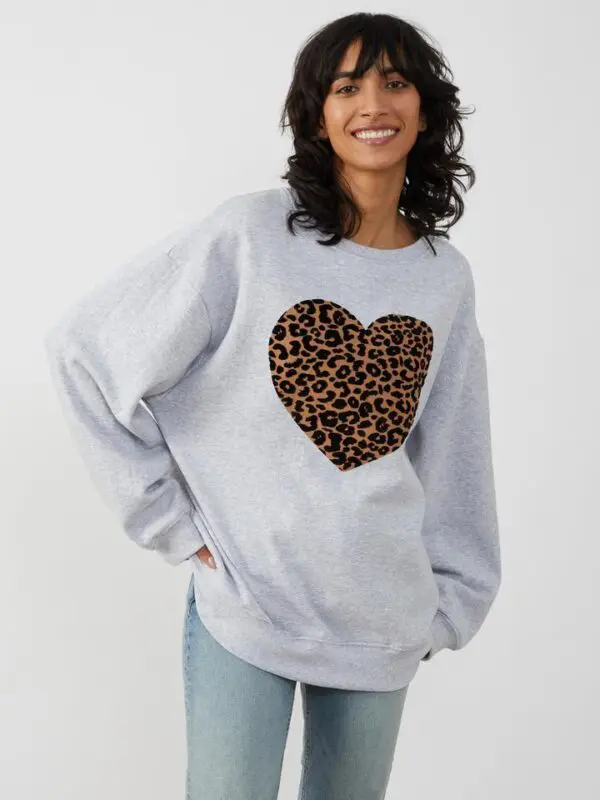 South Parade Alexa Leopard Heart Sweatshirt - Light Heather Grey - Image 3