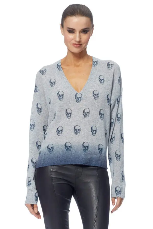 360 Cashmere Maya V-Neck - Light Heather Grey / Blue