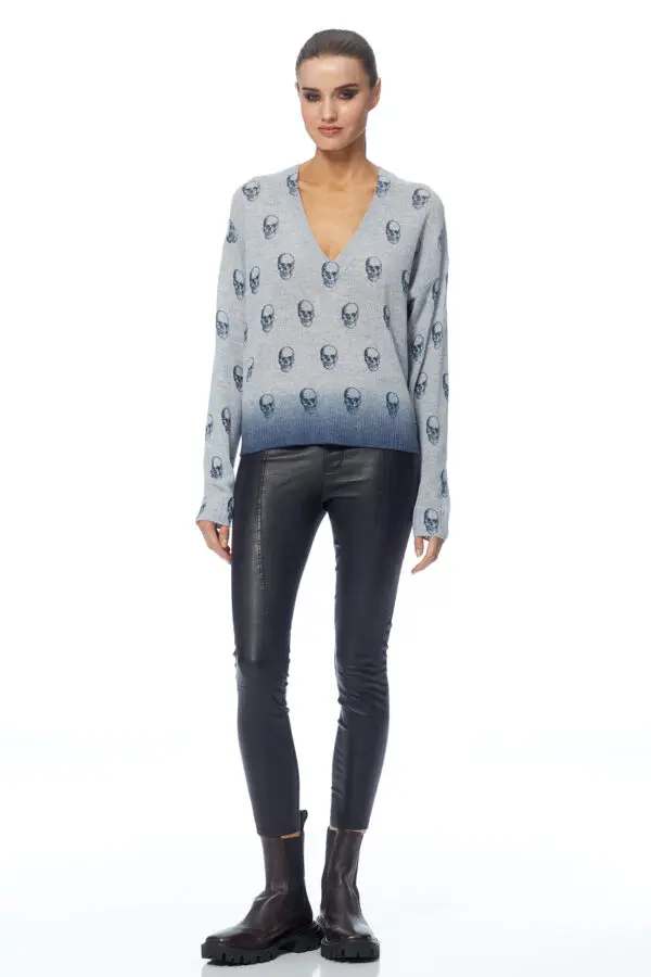 360 Cashmere Maya V-Neck - Light Heather Grey / Blue - Image 3