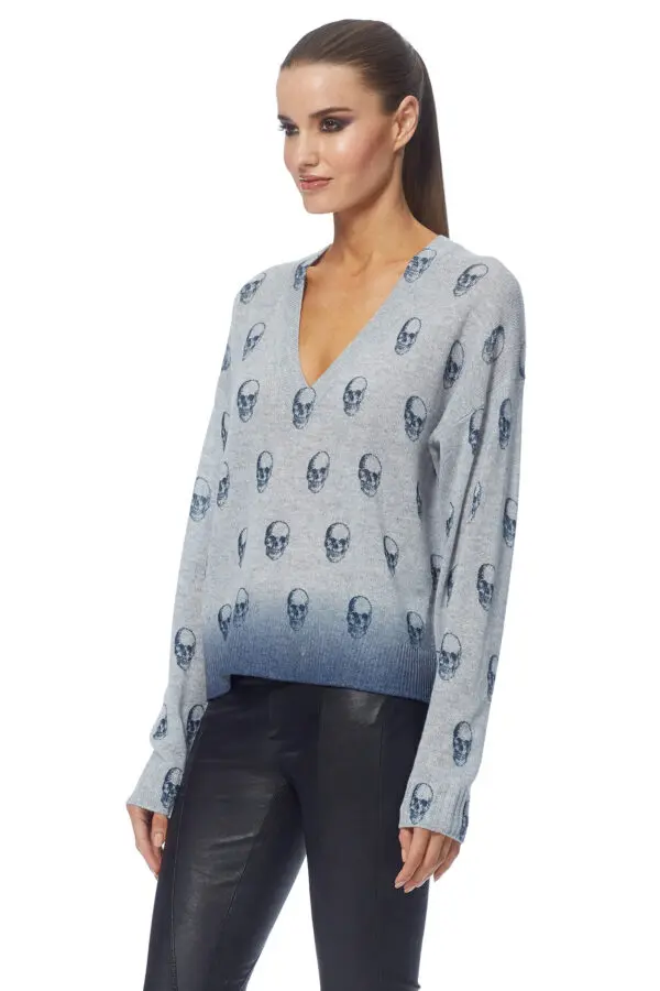360 Cashmere Maya V-Neck - Light Heather Grey / Blue - Image 2