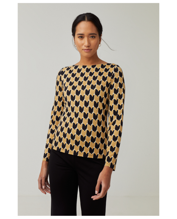Surkana Long Sleeve Boat Neck T Shirt - Black Print