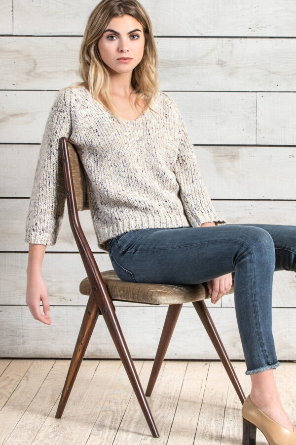 Lilla P Raglan Sleeve V Neck Top - Oatmeal Ribbon