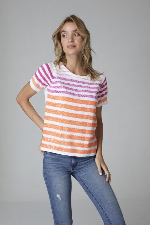 Lisa Todd Cosmic Shine Short Sleeve Sequin Sweater – White / Pink