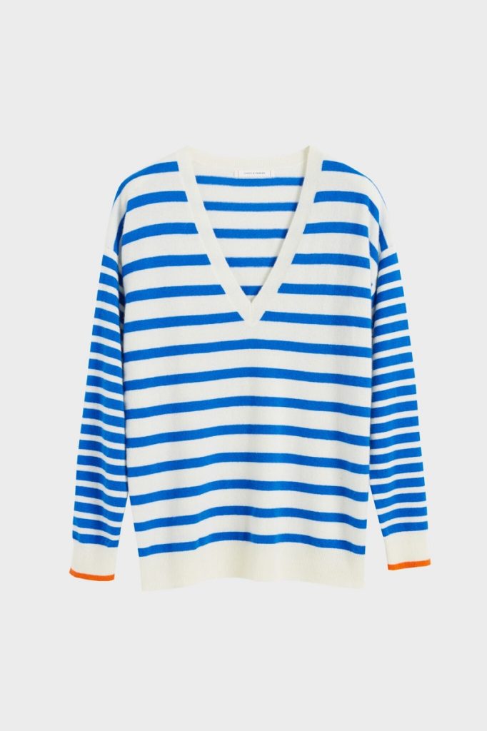 Chinti & Parker V Neck Boat Sweater - Cream / Royal Blue / True Orange