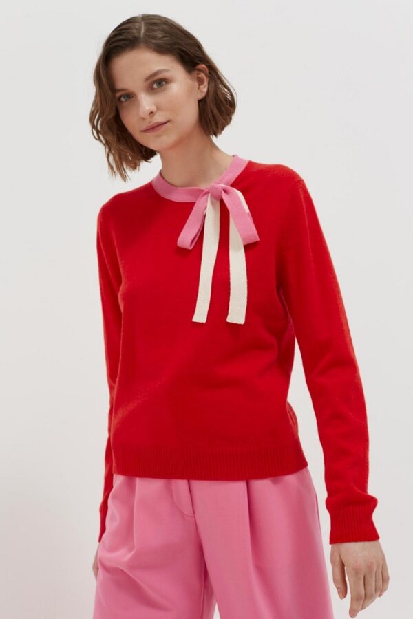 Chinti & Parker Tie Neck Sweater - Bright Red / Peony / Cream