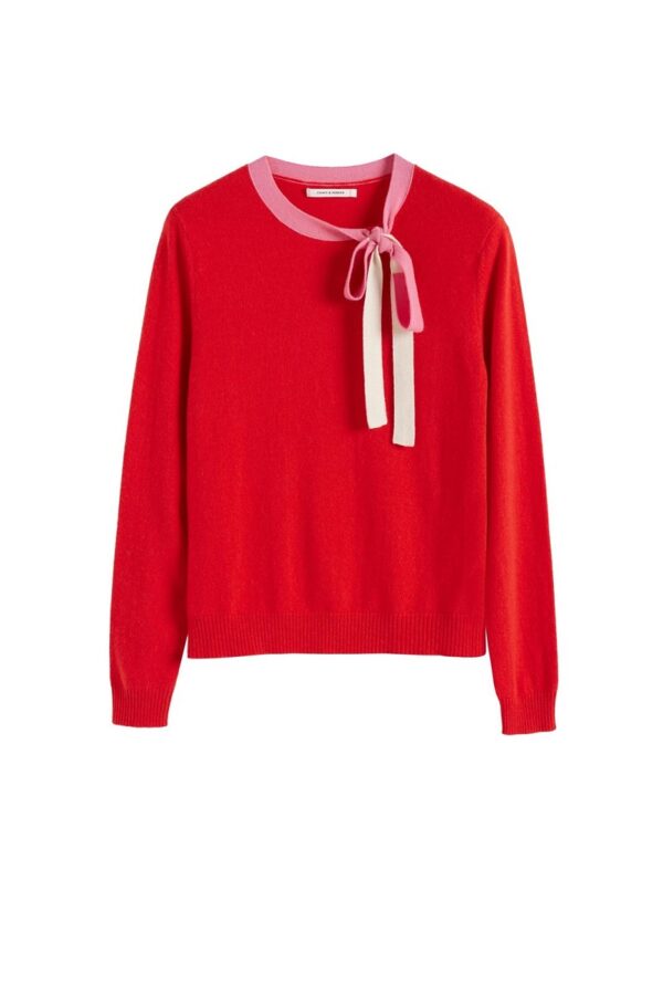 Chinti & Parker Tie Neck Sweater - Bright Red / Peony / Cream - Image 3