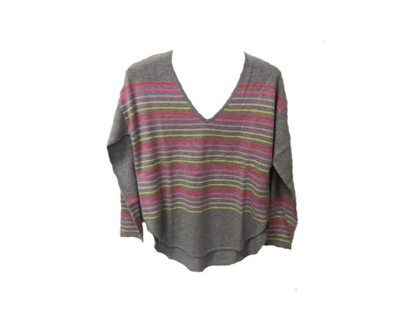 Cocoa Cashmere CC2011 Striped Curved Hem Sweater - Grey Multi