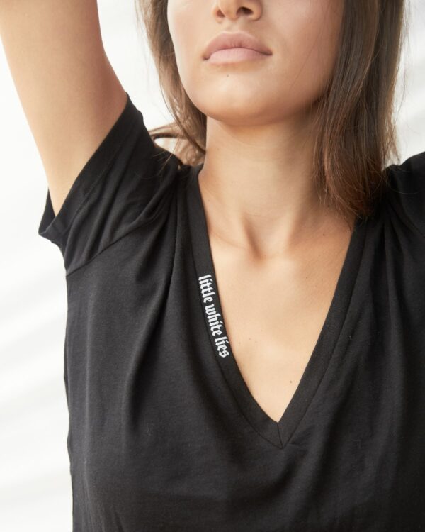 Don't Tell Mama V Neck T Shirt 'Little White Lies' - Black