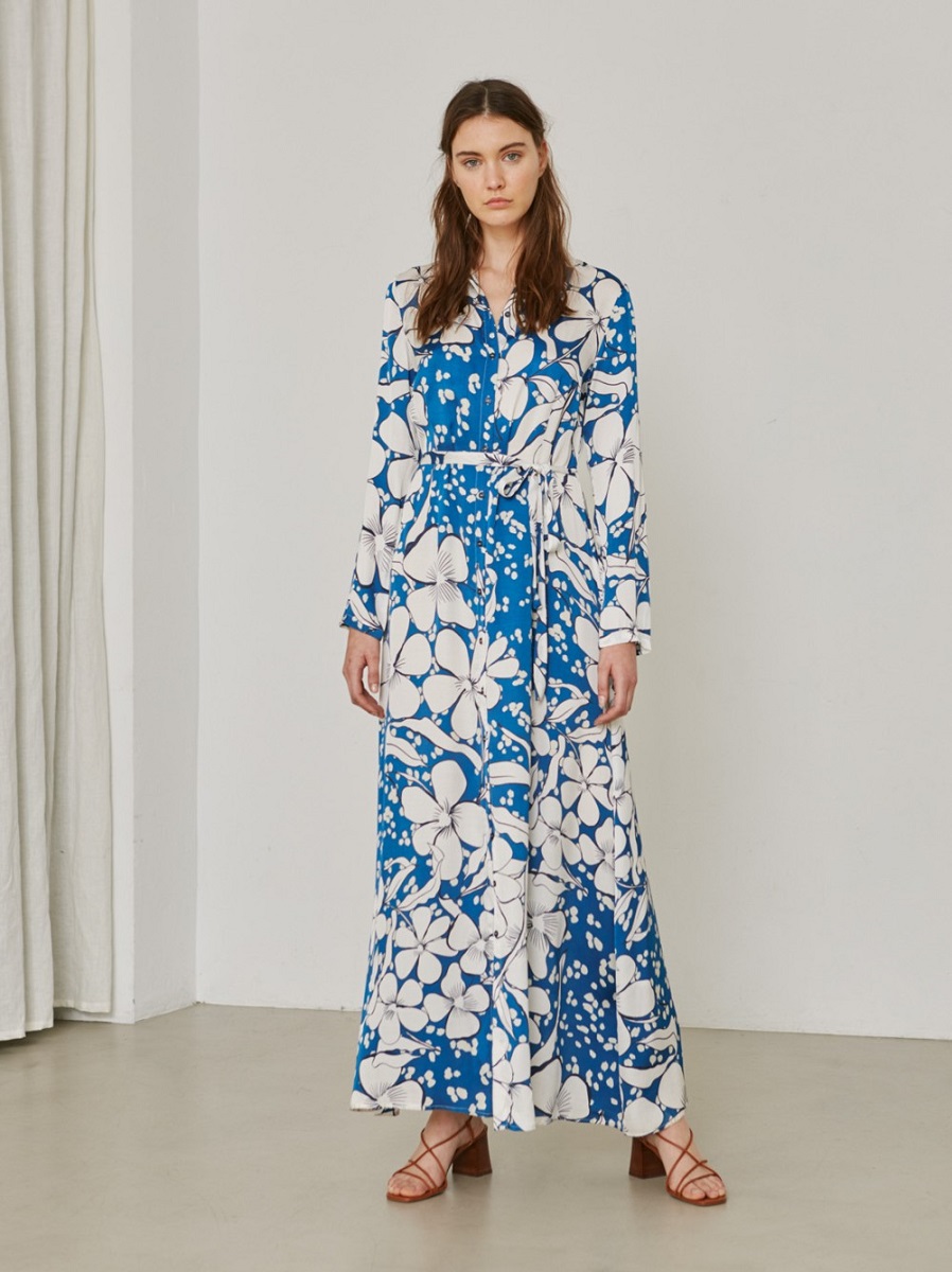 Sita Murt 101203 Printed Dress - Blue White Flower - Stick and Ribbon