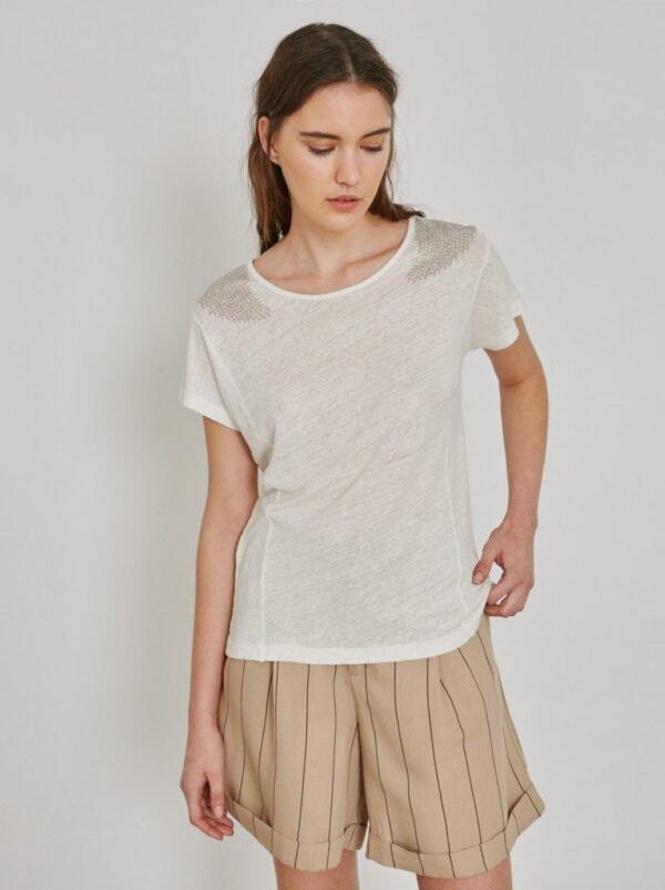 Sita Murt 105505 Linen T Shirt with Metallic Details - Ivory