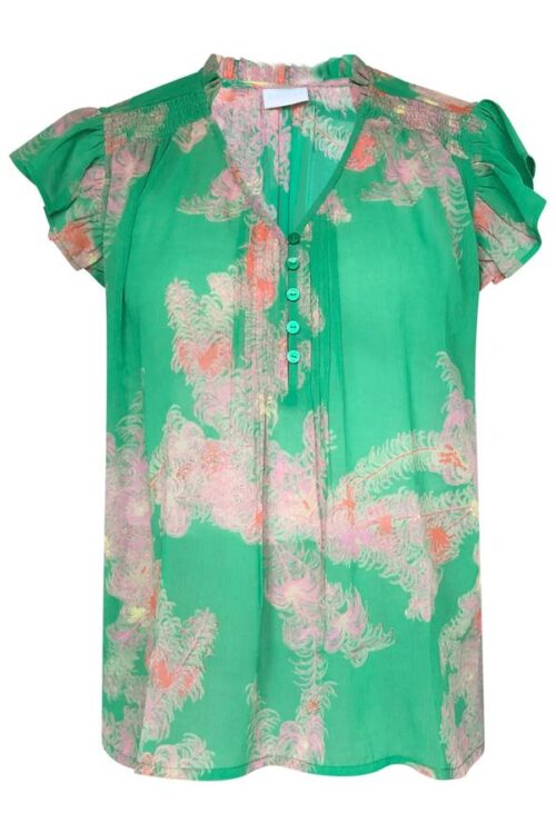 Coster Copenhagen Top with Smock and Frill Detail at Neck – Feather Bloom Green