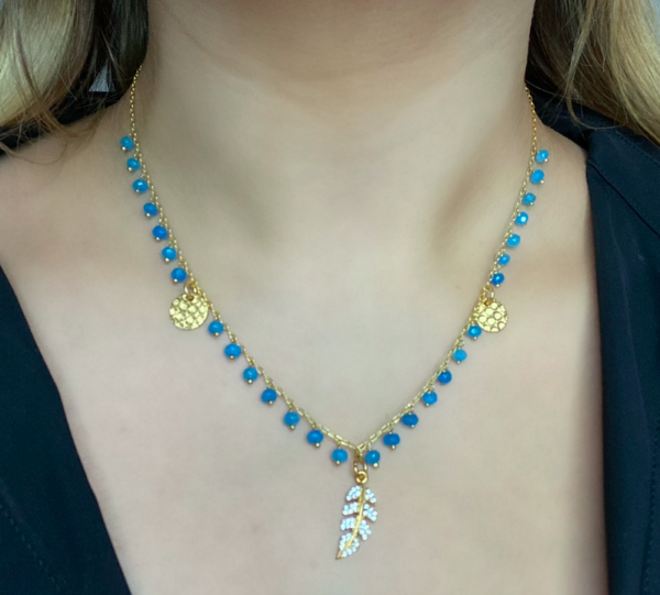 I Am Jai N1209A Blue Bead Necklace With Feather & Circle Charms - Gold - Image 2