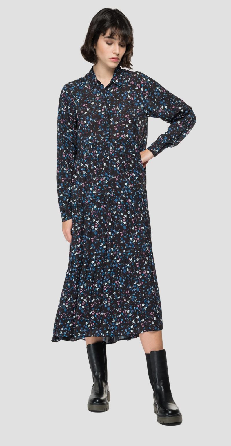 Replay Chiffon Dress with AllOver Print Black / Cyclamen / Blue