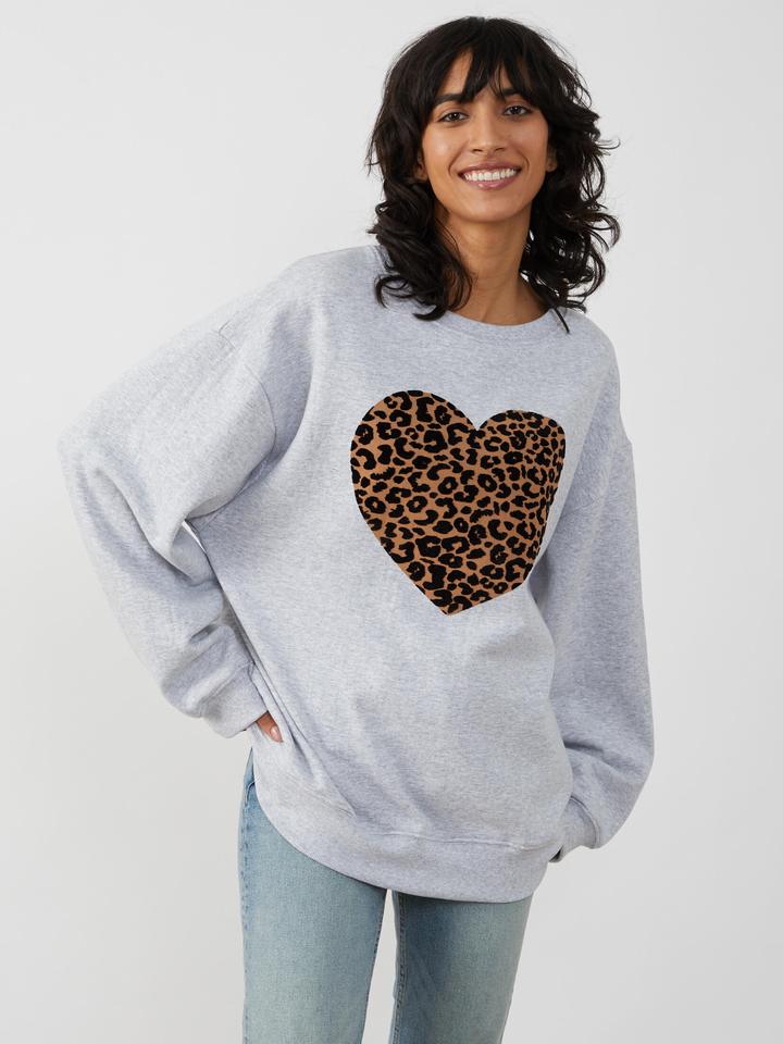 South Parade Alexa Leopard Heart Sweatshirt - Light Heather Grey - Stick  and Ribbon