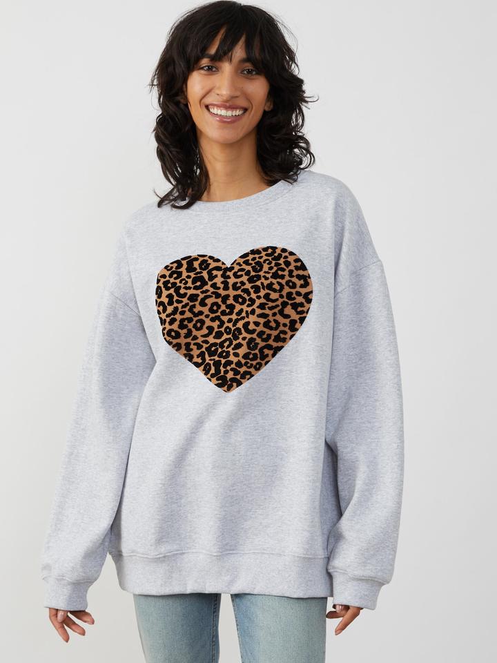 South Parade Alexa Leopard Heart Sweatshirt - Light Heather Grey - Stick  and Ribbon