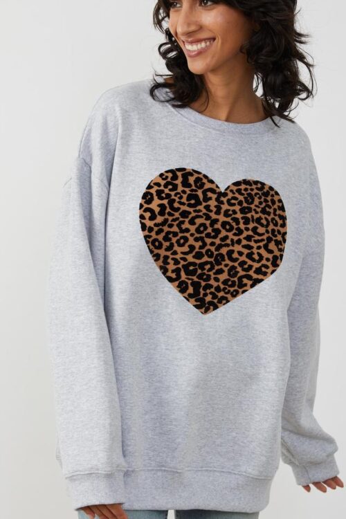 South Parade Alexa Leopard Heart Sweatshirt – Light Heather Grey