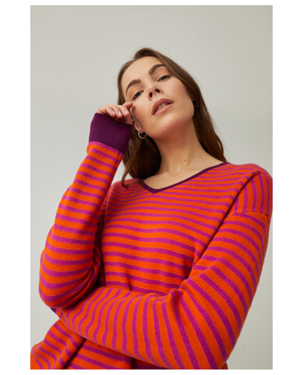 Surkana Striped V Neck Jumper - Orange - Image 2