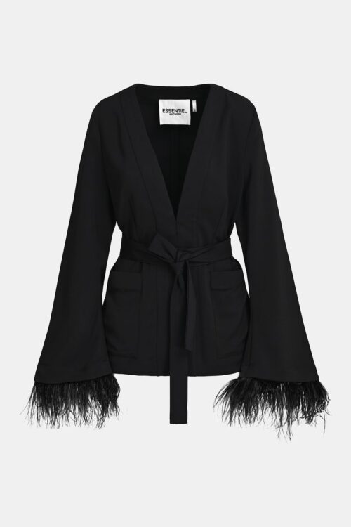 Essentiel Antwerp Cart Belted Jacket with Ostrich Feather Fringe – Black