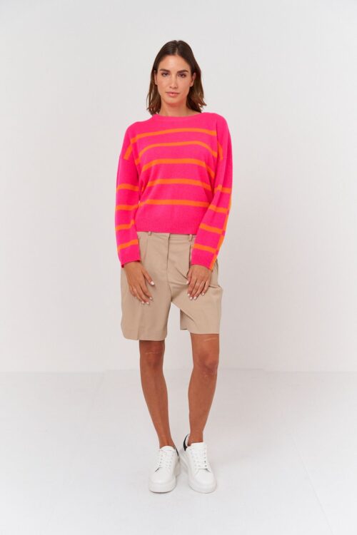 Brodie Cashmere Two-Tone Boxy Stripe Sweater – Pink