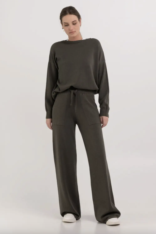 Replay Wide Leg Knit Trousers – Army Green