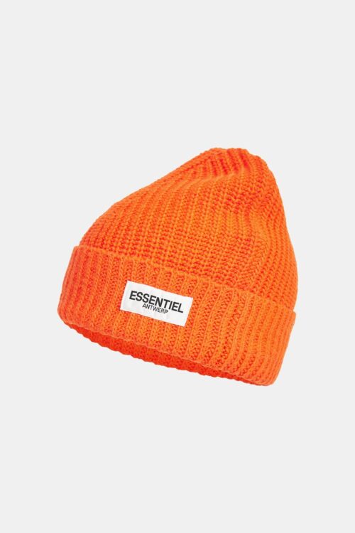 Essentiel Antwerp Ezekiel Ribbed Logo Beanie – Neon Orange