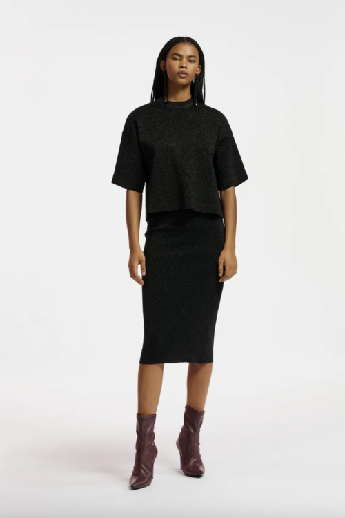 Essentiel Antwerp Elevate Lurex Knitted Midi Skirt – Black